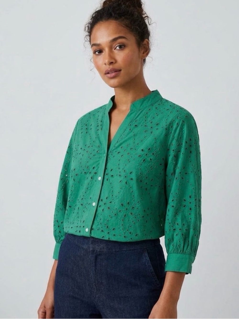 J. Jill Floral Eyelet Cutwork Top, 3/4 Sleeve Green Button-Down worn twice sz L